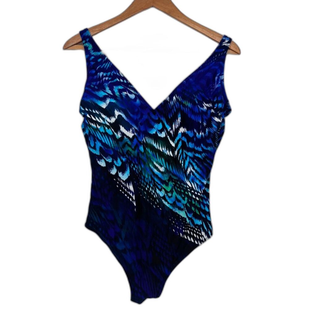 Gottex Surplice One Piece Swimsuit Size 14 Beachy Edgy Summer‎ Blue Abstract